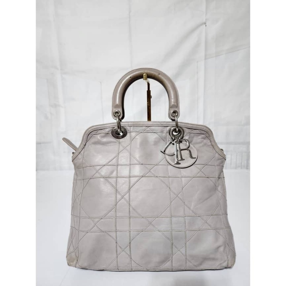 Authentic CHRISTIAN DIOR Lambskin Cannage Medium Granville Tote Bag Grey